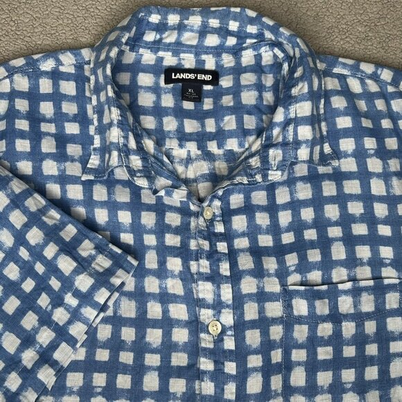 Lands’ End Shirt Mens XL Blue White Linen Check Plaid Button Up Tailored Fit - Picture 1 of 13